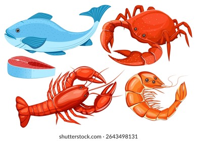 frutos do mar crus frescos e deliciosos conjunto isolado no fundo branco.peixe de salmão, lagosta, caranguejo e camarão ilustração vetor design element.Marine produtos para restaurante.
