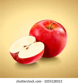 Fresh and delicious apple, red ripe apples in 3d illustration isolated on golden color background