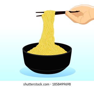 Fresh delicious bowl of Asian Chinese and Japanese Ramen noodles on chopsticks in hand against white background. Vector illustration