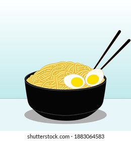 Fresh delicious bowl of asian ramen noodles and eggs with chopsticks. Vector illustration