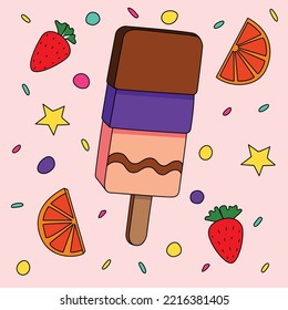 Fresh delicious colorful ice cream coloring artwork with strawberry lemon slice decorated background