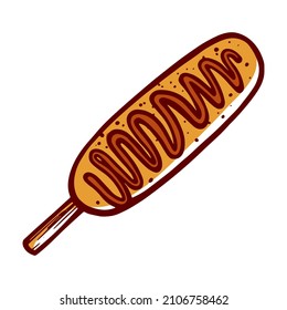 Fresh delicious corn dog with ketchup on stick vector engraved illustration. Appetizing tasty unhealthy snack traditional American fast food isolated. Takeaway junk lunch menu sausage in cornmeal