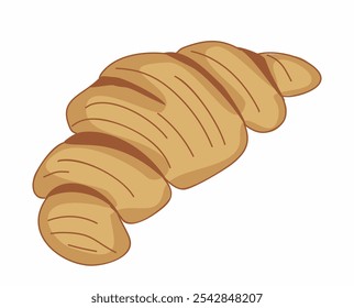 Fresh delicious croissant isolated on white background. Outline drawing of tasty baked product or sweet homemade pastry for breakfast. Colorful hand drawn vector illustration in vintage style.