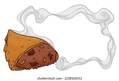 Fresh and delicious empanada half bitten, showing the tasty filling of ground meat and veggies and frame made with its tasty steam.