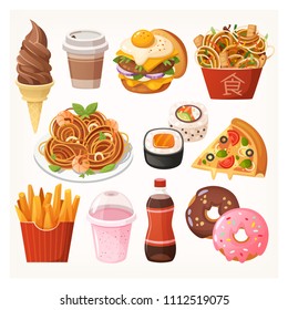 Fresh delicious fast food takeaway dishes, snacks and desserts for a quick lunch or a dinner. Junk food icons. Isolated vector illustrations.