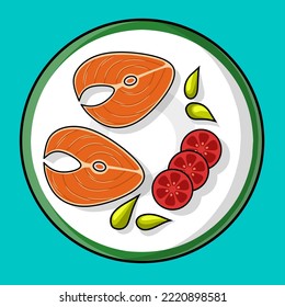 Ilustración de carnes de pescado deliciosas y calientes con tomates fresco cortados en un plato