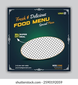 Fresh and delicious food menu super pizza. Best social media poster. 