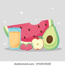 fresh and delicious fruits and juice vector illustration design