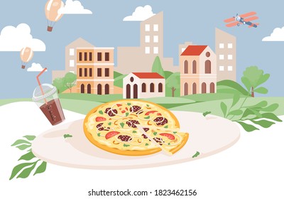 Fresh delicious Italian pizza vector flat illustration. Pizza and pizza slice with a glass of soda on the background of a city. Italian cuisine, fast food restaurant, or cafe design.
