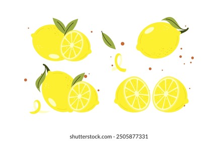 Fresh, Delicious, Juicy, and Sour Cartoon Lemons. Collection of Yellow Citrus Whole and Slices Illustration.