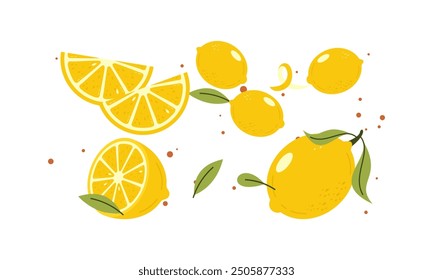 Fresh, Delicious, Juicy, and Sour Cartoon Lemons. Collection of Yellow Citrus Whole and Slices Illustration.