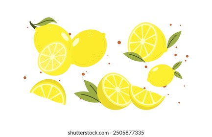 Fresh, Delicious, Juicy, and Sour Cartoon Lemons. Collection of Yellow Citrus Whole and Slices Illustration.