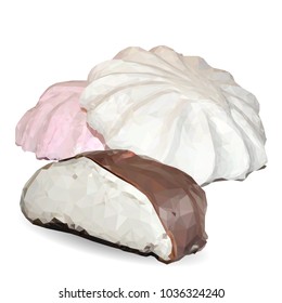 Fresh and delicious marshmallow. Marshmallows in chocolate. Design elements for marshmallow packaging. Vector illustration. Sweets in triangulation technique. Image low poly.
