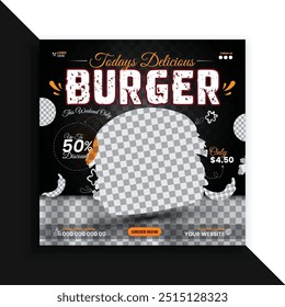 Frisch und lecker Mund wässernden Burger Social Media Promo Post Design-Vorlage, Lebensmittel-Menü-Vorlage, Werbe-Burger Essen Menü-Design