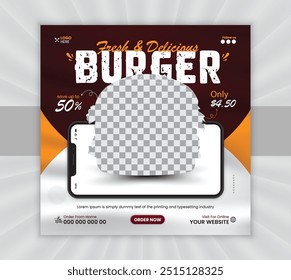 Frisch und lecker Mund wässernden Burger Social Media Promo Post Design-Vorlage, Lebensmittel-Menü-Vorlage, Werbe-Burger Essen Menü-Design