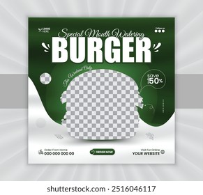 Frisch und lecker Mund wässernden Burger Social Media Werbepost Design Vorlage für Restaurant