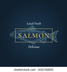 Fresh Delicious Salmon. Abstract Vector Sign, Symbol or Logo Template. Hand Drawn Fish with Classy Retro Typography. Vintage Vector Emblem with Dark Blue Background.