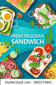 Fresh Delicious Sandwich, Healthy Breakfast Foods Poster Banner Template. Vector Layered Paper Cut Style Top View Illustration. Tasty Bright Breakfast Dishes With Vegetables, Eggs, Avocado, Red Salmon