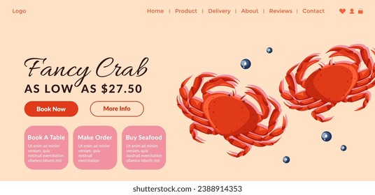 Fresh and delicious seafood at affordable price. Delicious gifts from ocean to your table, king crabs for low price. Make order now. Website landing page template, online site. Vector in flat style