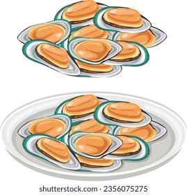 Fresh Delicious Seafood, musselson on white background. Vector illustration.