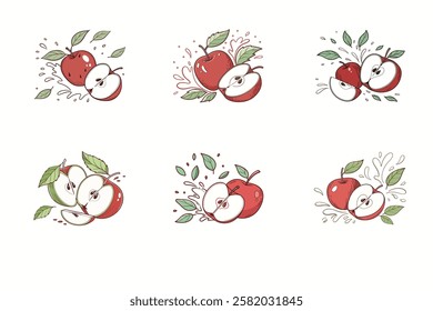 Fresh delicious set of apple splashing with leaves, cut out vector illustration.