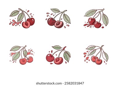 Fresh delicious set of Cherry splashing with leaves, cut out vector illustration.