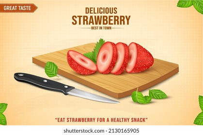 Fresh and delicious Strawberry Slices vector illustration on brown background with wooden chopping board