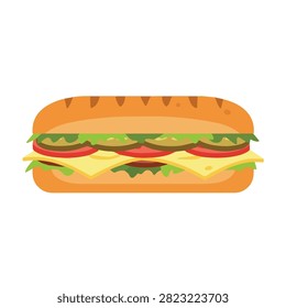 Fresh Delicious Submarine Sandwich Vector Illustration with Cheese, Tomato, and Lettuce Isolated