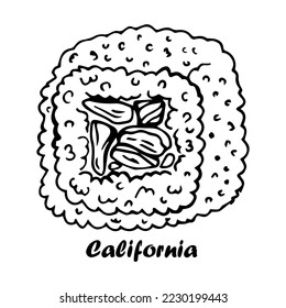 Fresh delicious sushi california rolls in doodle style. Black and white isolated illustration on a white background