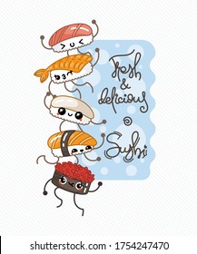 Fresh and delicious. Sushi. Kawaii sushi poster with cute sushi characters. Vector chinese illustration, taste design