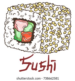 Fresh delicious sushi roll Alaska with crab meat, shrimp, avocado, cucumber, sesame. Hand drawn isolated illustration with the inscription on a white background