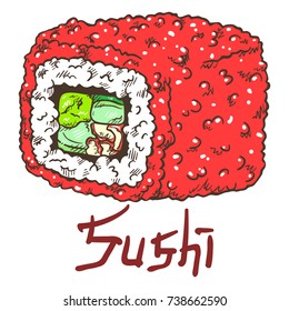 Fresh delicious sushi roll California with red tobiko fish caviar, wasabi, avocado, cucumber and crab meat. Hand drawn isolated illustration with the inscription on a white background