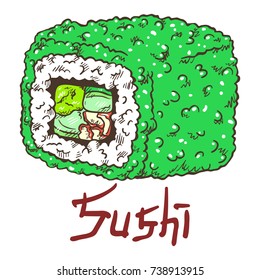 Fresh delicious sushi roll California with green tobiko fish caviar, wasabi, avocado, cucumber and crab meat. Hand drawn isolated illustration with the inscription on a white background