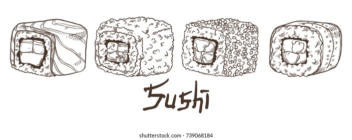 Fresh delicious sushi rolls. Philadelphia, California, Alaska, roll wrapped in cucumber. Black and white isolated illustration with the inscription on a white background