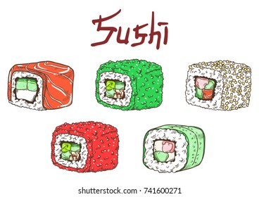 Fresh delicious sushi rolls. Philadelphia, California, Alaska, roll wrapped in cucumber. Isolated illustration with the inscription on a white background