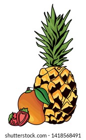 Fresh and delicious tropical pineapple mango and strawberries fruits vector illustration graphic design