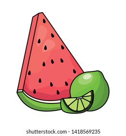 Fresh and delicious tropical watermelon and lemons fruits vector illustration graphic design
