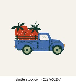 Fresh delivery design template. Classic vintage pickup truck with strawberries. Vector illustration.