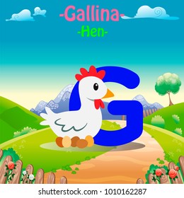 Fresh Design cute Animal Vector & colorful Italian Language "G" Word Alphabet of Gallina, Meaning The Hen.