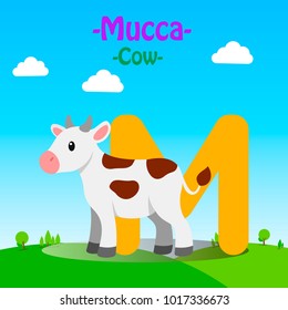 Fresh Design cute Animal Vector & colorful Italian Language "M" Word Alphabet of Mucca, Meaning The Cow.