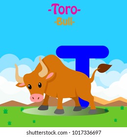 Fresh Design cute Animal Vector & colorful Italian Language "T" Word Alphabet of Toro, Meaning The Bull.