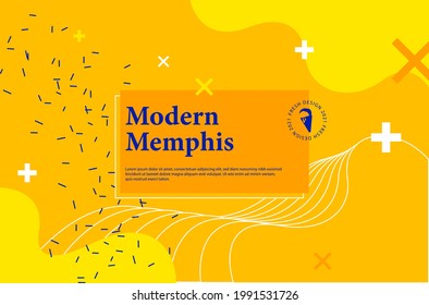 Fresh design dynamic Memphis style banner. Flat concept with orange elements and fluid gradient. Creative illustration for poster, web, landing page, cover, ad, greeting card, promotion, social media. svg