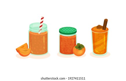 Fresh Dessert Food with Juicy Persimmon Fruit as Main Ingredient Vector Set