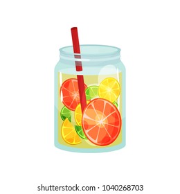 Fresh detox drink with slices of grapefruit, lemon and lime. Delicious and healthy cocktail. Natural beverage in glass jar with red straw. Flat vector for cafe or restaurant menu
