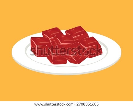 Fresh diced beef cubes meat on white plate clipart icon food ingredient vector illustration isolated
