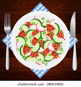Fresh diet salad on shiny white dish placed on the wooden table. Vector image can be used for restaurant and cafe menu design, food posters, print cards and other crafts.