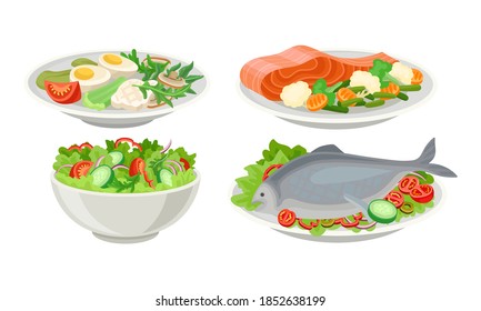 Fresh Dishes with Salmon Slab and Vegetable Salad in Bowl Vector Set