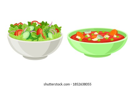 Fresh Dishes with Vegetable Soup and Salad with Greenery in Bowl Vector Set