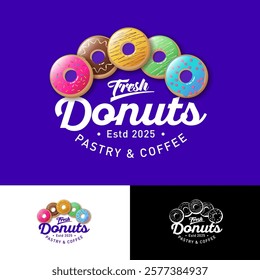 Fresh Donuts logo. Five donuts with different glazes and letters. Pastry and coffee emblem.