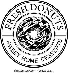 Fresh donuts sweet home desserts lettering in circle. Round vintage label with yummy tasty cake covered with glaze and topping. Homemade confectionary, coffee shop and bakery house logo